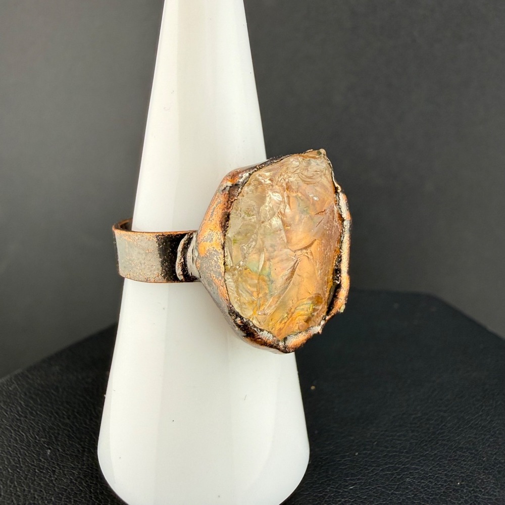Vintage Estate Cocktail Ring Gold Orange Raw Stone Adjustable 8
